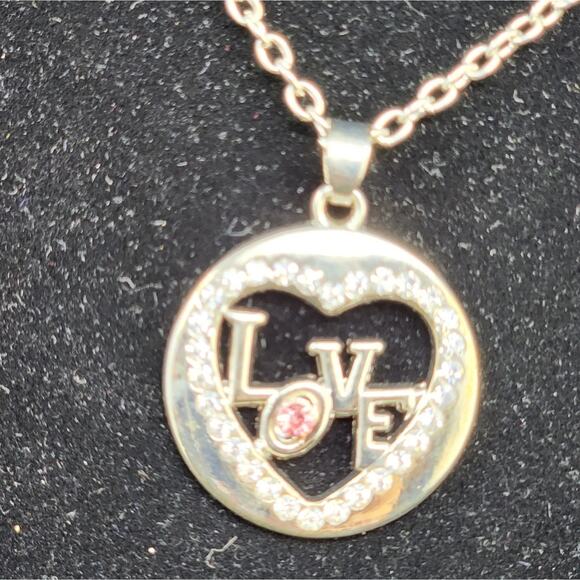 Vintage Heart Necklace Silver Heart Love Necklace Rhinestones Pink Stone Heart - Picture 2 of 8